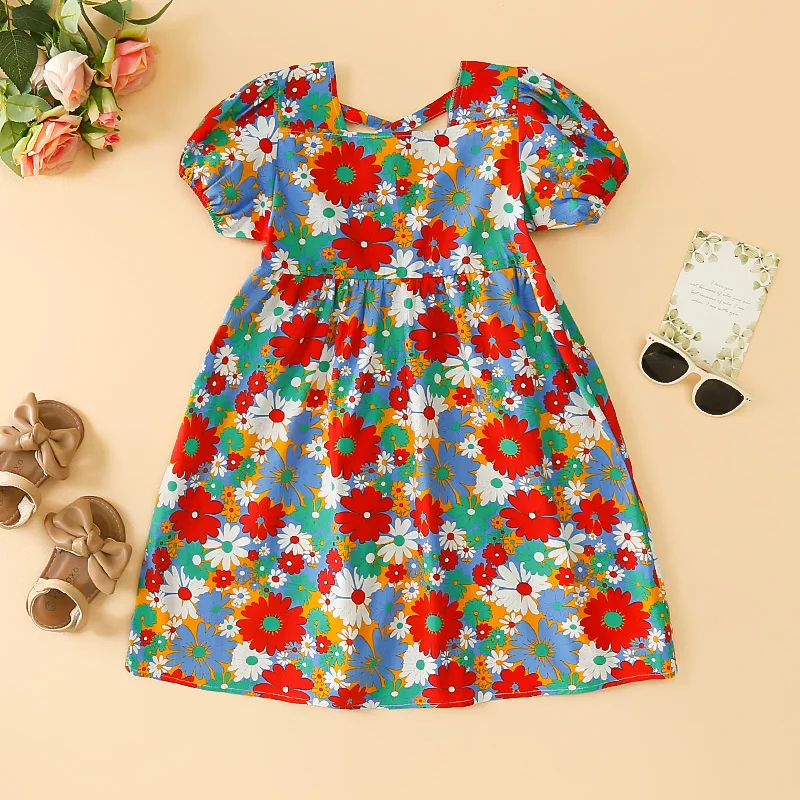 Delicate Children Summer thin Comfortable Dress Girls Cute Flowers Puff Sleeve Dresses 1-6 Y Kids Casual Clothes Toddler Costumn