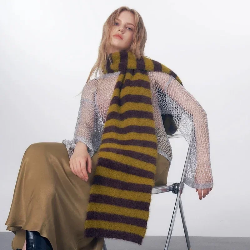 1PC Niche Color Scheme Imitation Classic Striped Knitted Cotton Muffler for Women Autumn Winter Soft Warm Scarf Female Shawl