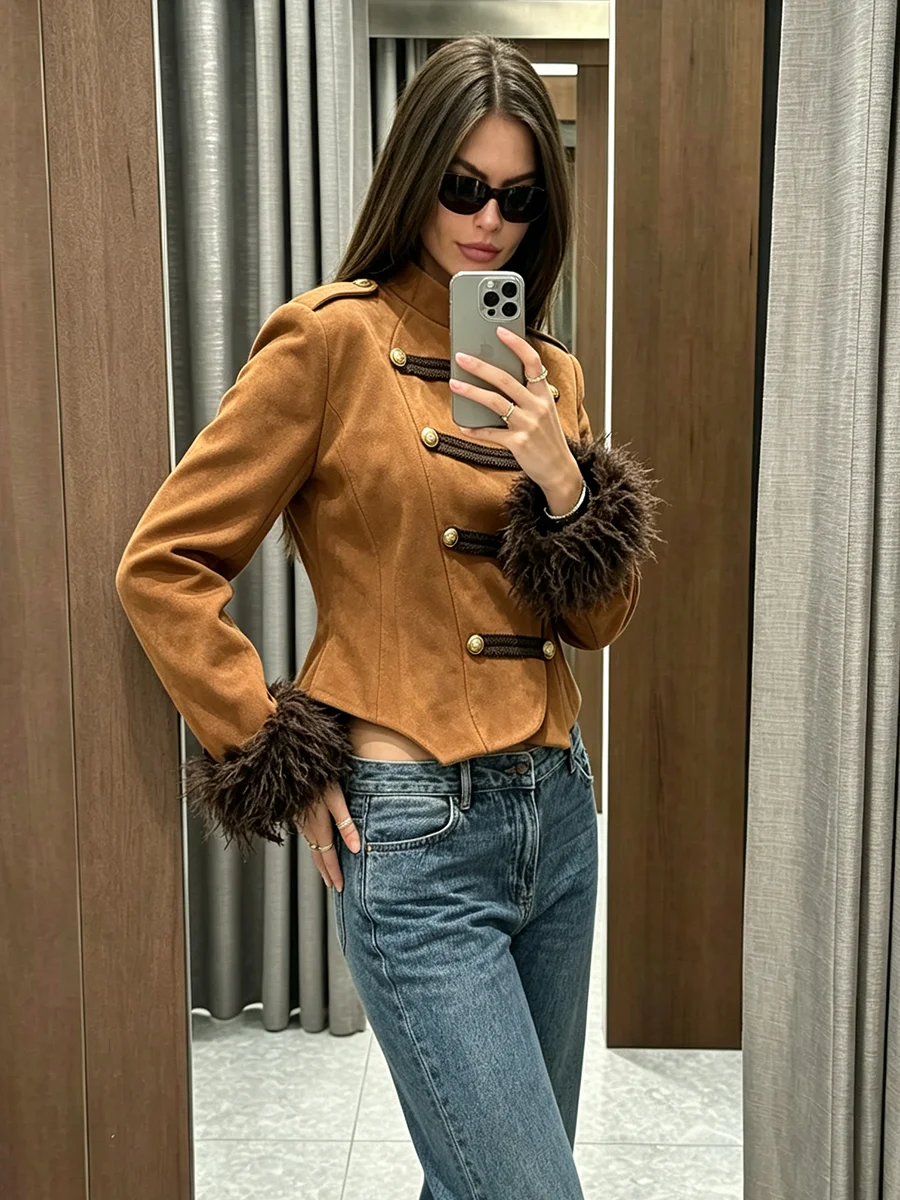 LIMO Women Stand Collar Suede Cropped Jacket Fringe Cuff Gold Button Retro Slim Short Outerwear Fashion Vintage Coat