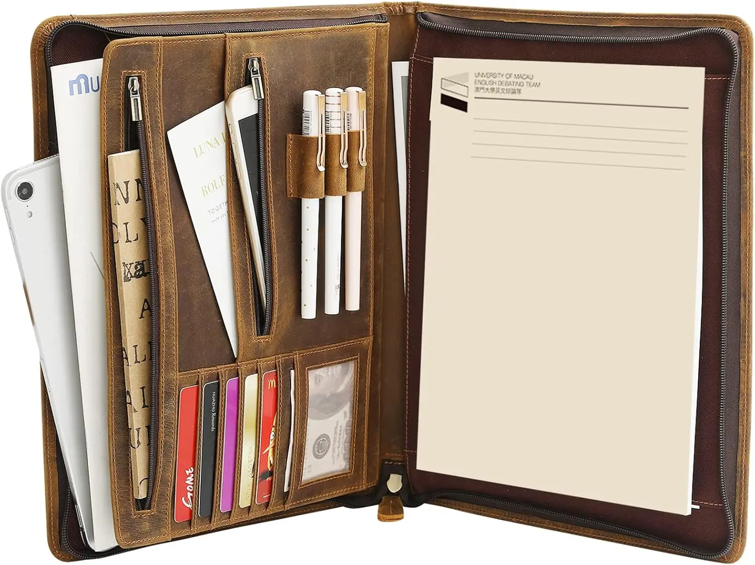 

Genuine Leather Portfolio with Zipper for Men and Women, Business Resume Organizer, Brown