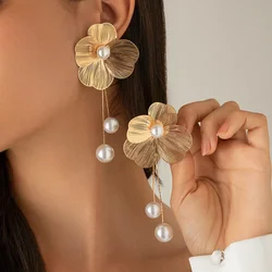 Romantic Flower Petal Long Tassel Drop Earrings For Women Trend Imitation Pearl Hanging Piercing Ear Stud Party Wedding Jewelry