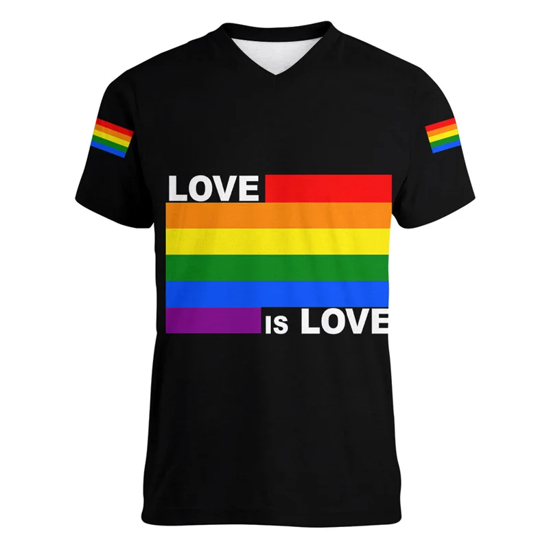 Fashion Gay Pride LGBT T-shirt For Men Women Love is Love Rainbow V Neck T Shirt Street Party Short Sleeve Oversized Tee Shirts