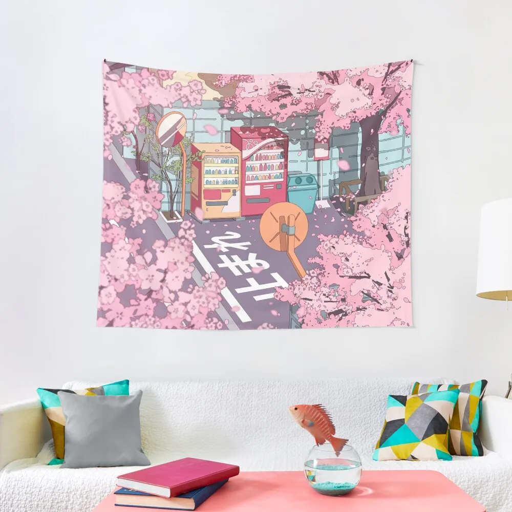 

A beautiful aesthetic Tokyo street and the pink sakura tree blossom Tapestry Bedroom Decor House Decor Tapestry