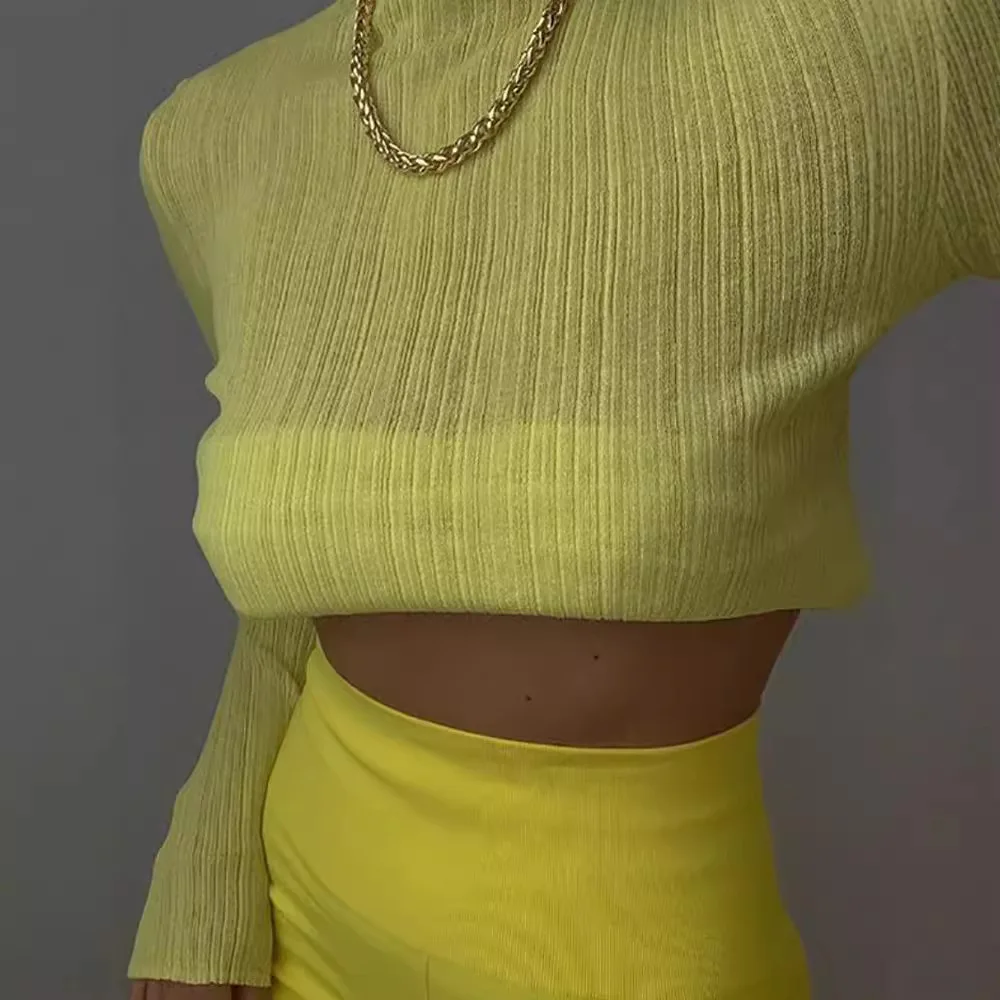 

Женская трикотажная футболка с длинным рукавом, высоким воротником, облегающая, повседневная, однотонная, с круглым вырезом, из тюля