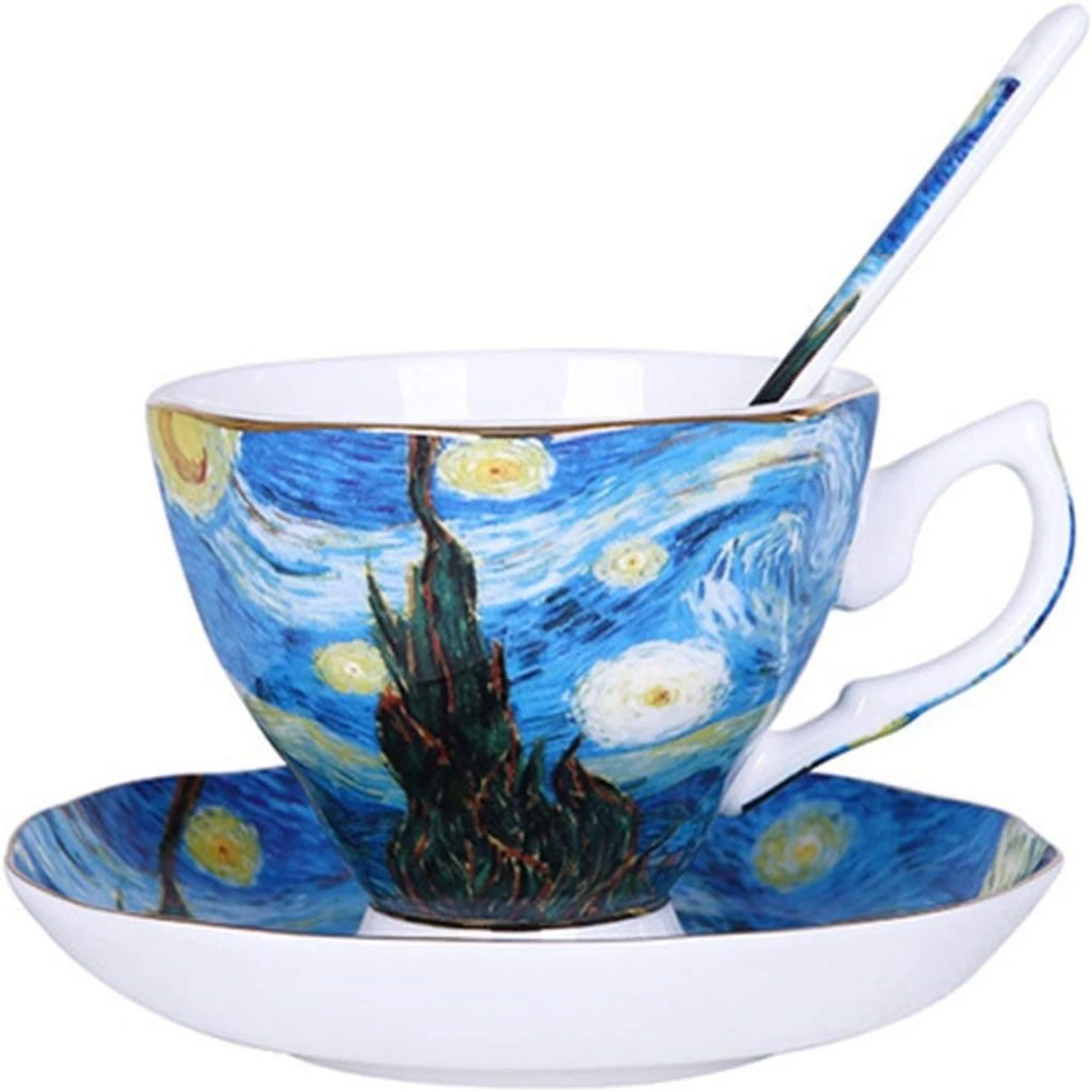 Elegant, Exquisite Chinese Porcelain Coffee Cup Set - Inspired by Saint-Remy Art Painting Collection - Featuring The Starry Nigh