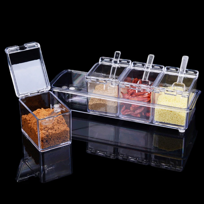 Muti-function Sugar Salt Bottle 4 Grids Transparent Acrylic Seasoning Box Spice Seasoning Jar Spice Bottle Kitchen Accessories