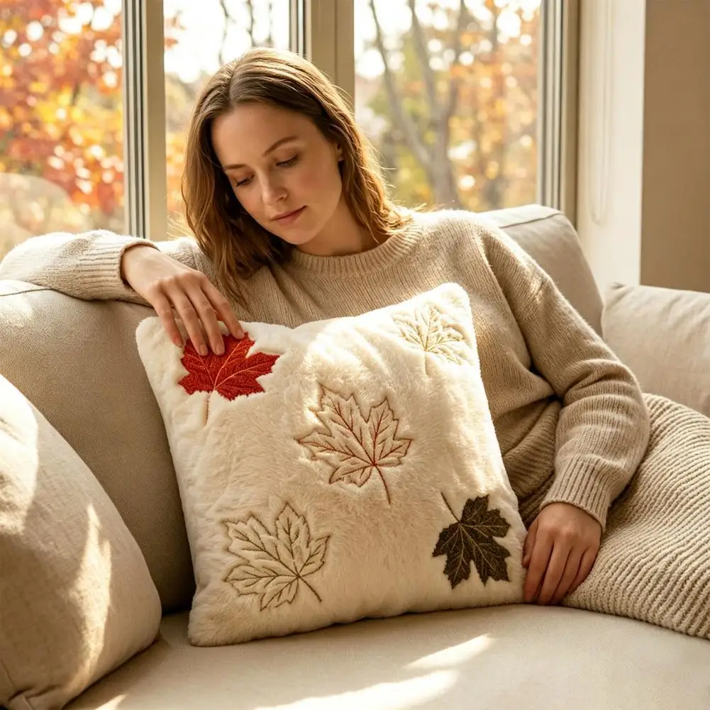Thanksgiving Maple Embroidery Throw Pillowcase Sofa Decor Plush Cushion Cover Headboard Pillow Covers Fall Plush Cushion