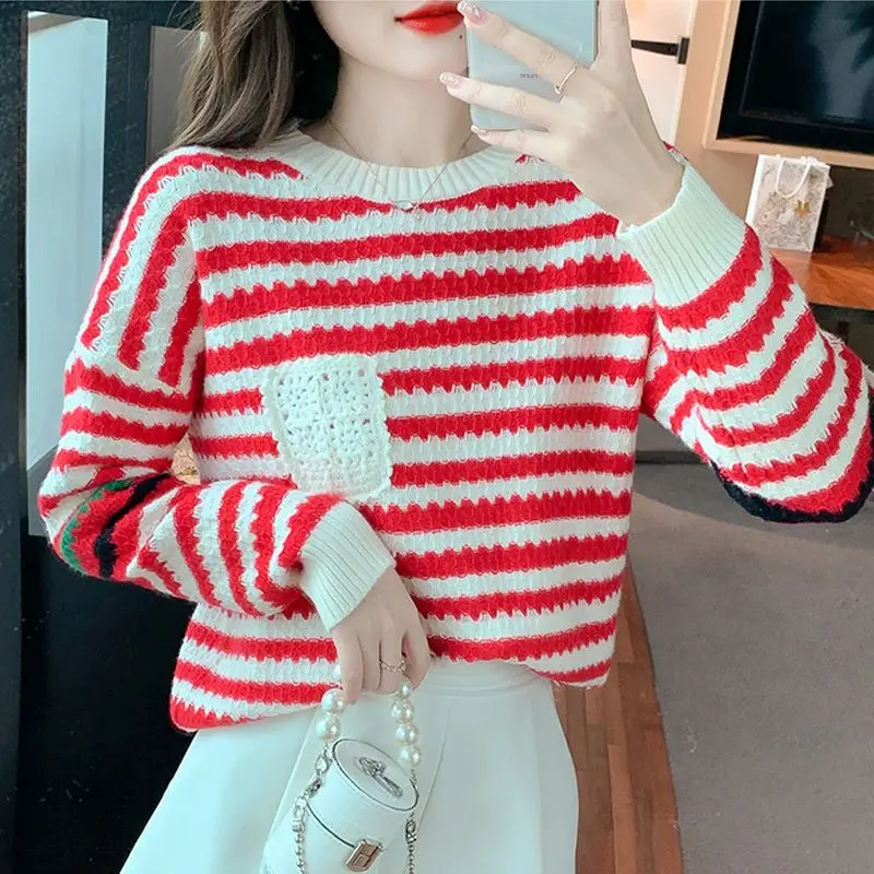 Spring Autumn Fashion Round Neck Long Sleeve Striped Pullovers Women\'s Clothing Casual All-match Knitting Korean Simplicity Tops