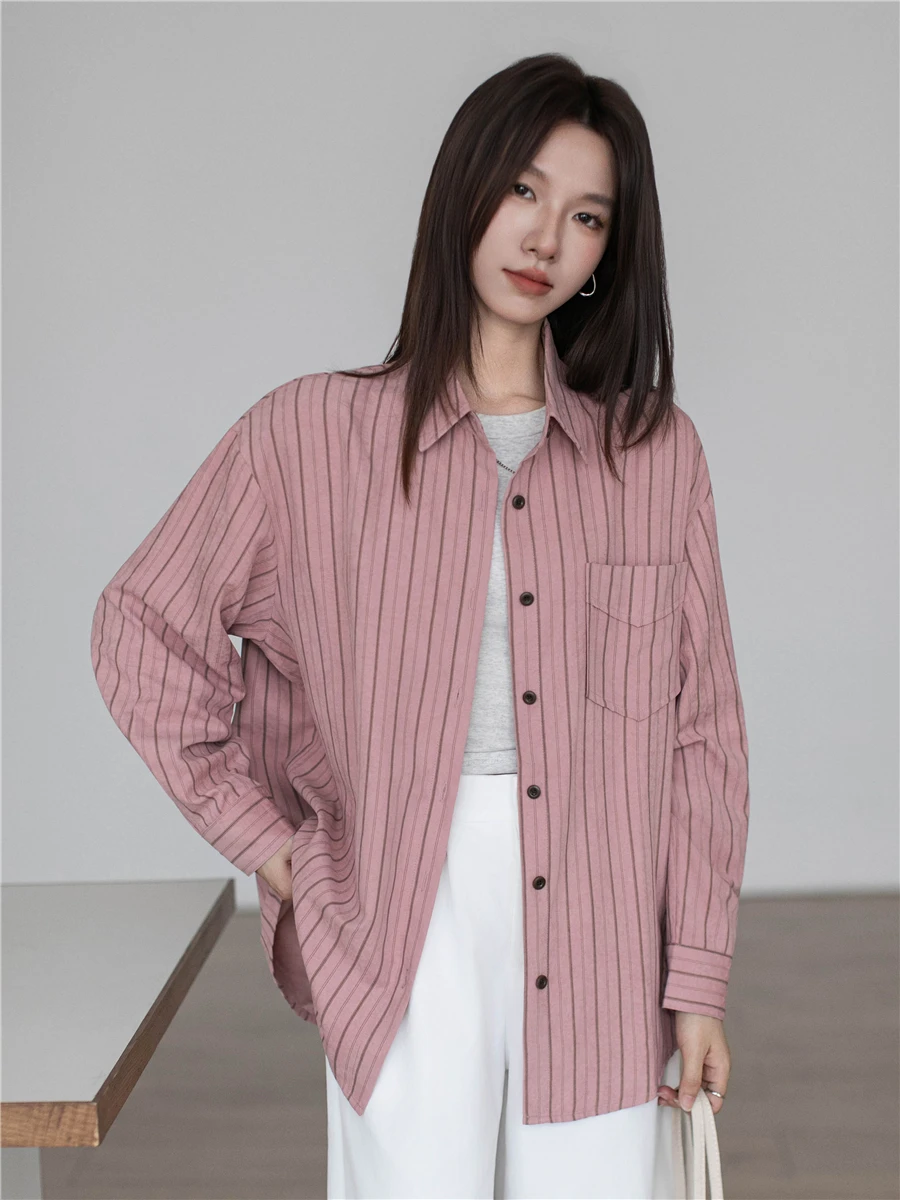 

Ele Long Sve Fce Brued Striped Casual irt Women's Loose Layering irt Autumn Winter New Sle Polyester Fiber