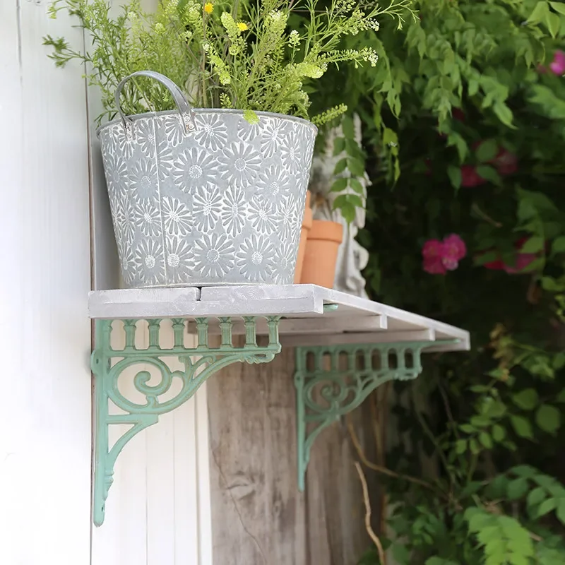 Outdoor Shelf Rack Anti-corrosion Wood Cast Iron Hanging Flower Rack Flower Pot Gardening Rack Wall Mounted Display