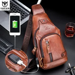 Bullcaptain Leather Large Capacity Chest Bag Men's Shoulder Bag with USB Port for Outdoor Casual Activities Fashion Crossbody