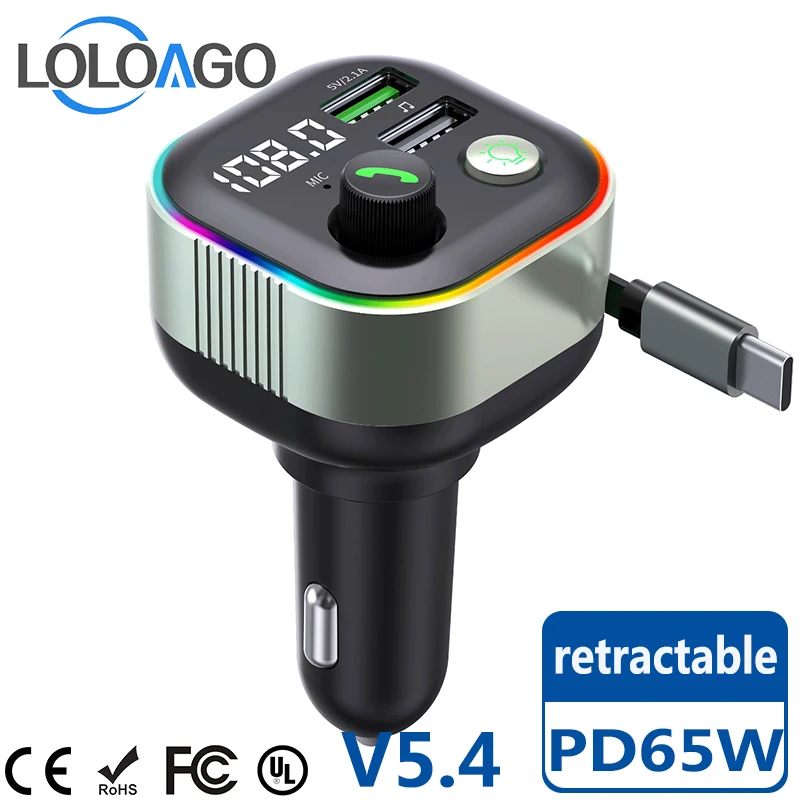 Car MP3 Player Bluetooth 5.4 with Retractable Cable PD65W Fast Charging 12V/24V FM Transmitter Lossless Music USB Drive Playback