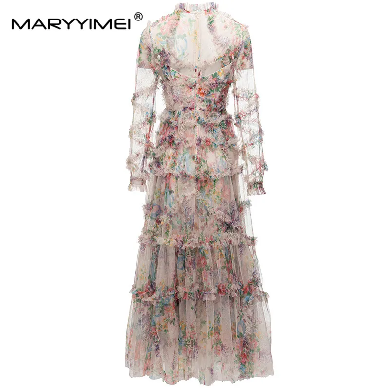 MARYYIMEI New Autumn Fashion Elegant dress Mesh Lantern Sleeve Print Wood Ear Edge Waist Up Banquet Long Dresses