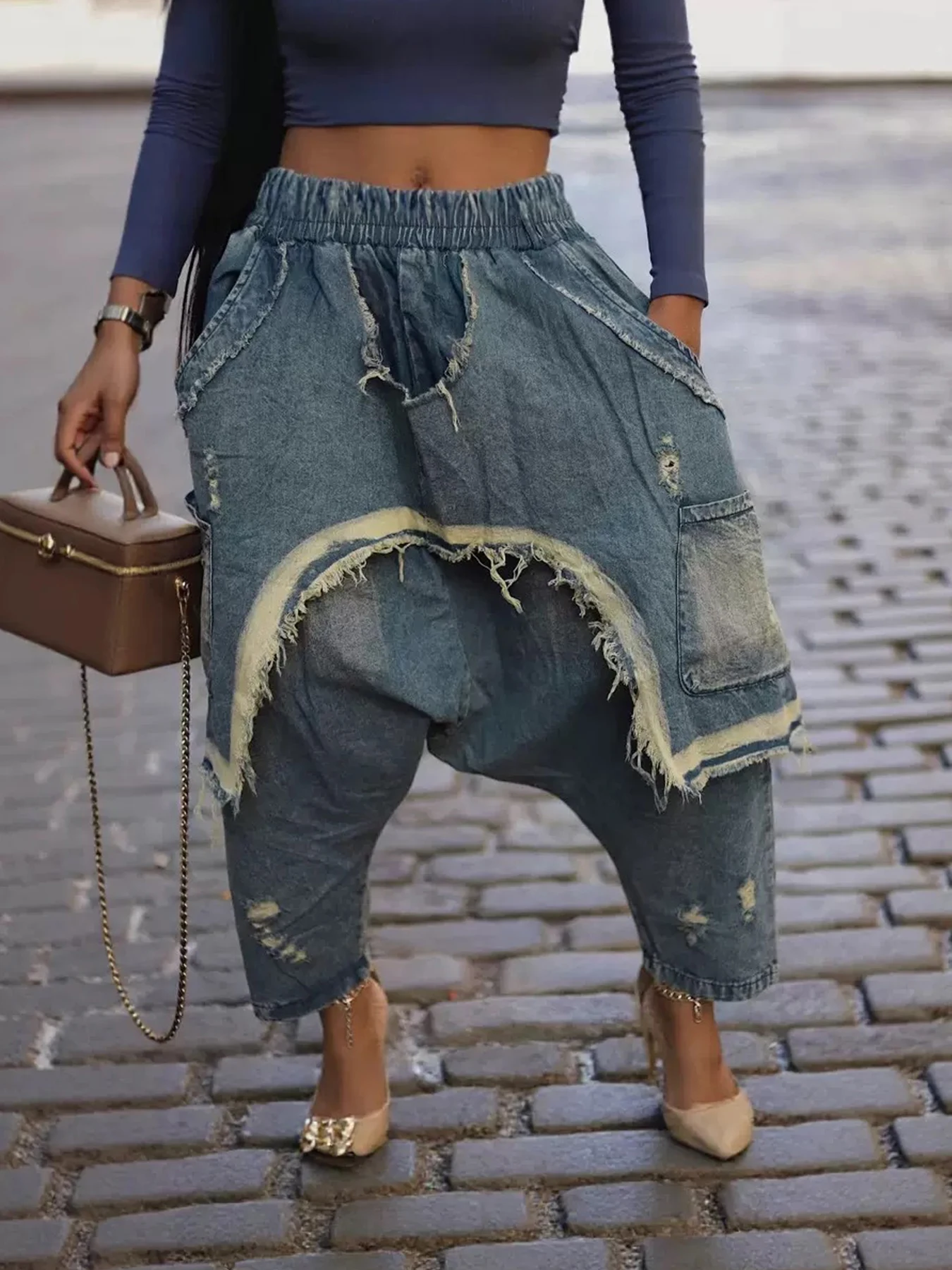 

Новые женские важные эластичные перфорированные лоскутные джинсовые шаровары, уличный стиль, высокое качество, можно стирать в машине