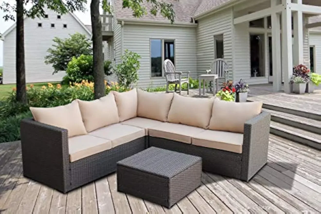 

Taupe Large Outdoor Patio 4 Piece Modern Brown Rattan Wicker Sectional Sofa Cushions-with Coffee Table/Ottoman