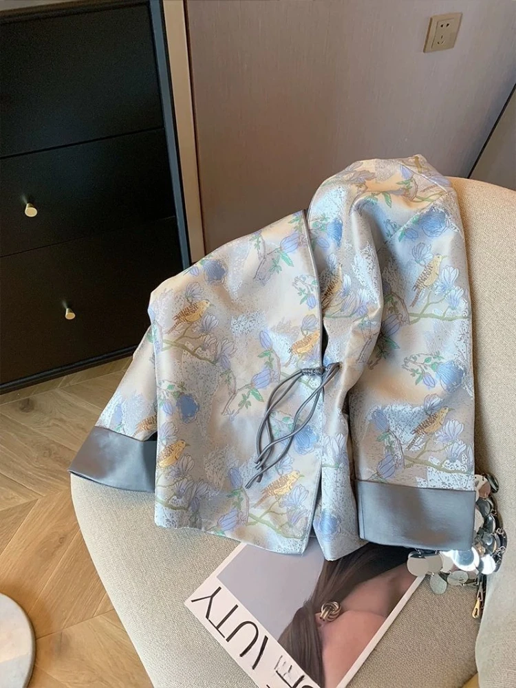New Chinese style jacquard slant breasted buttoned jacket women spring new retro high-end satin improved style elegant coat