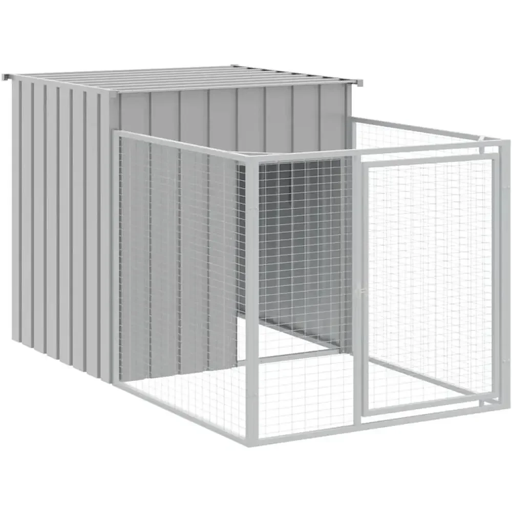Gray Galvanized Steel Dog House with Run - Outdoor Pet Kennel for Protection and Convenience