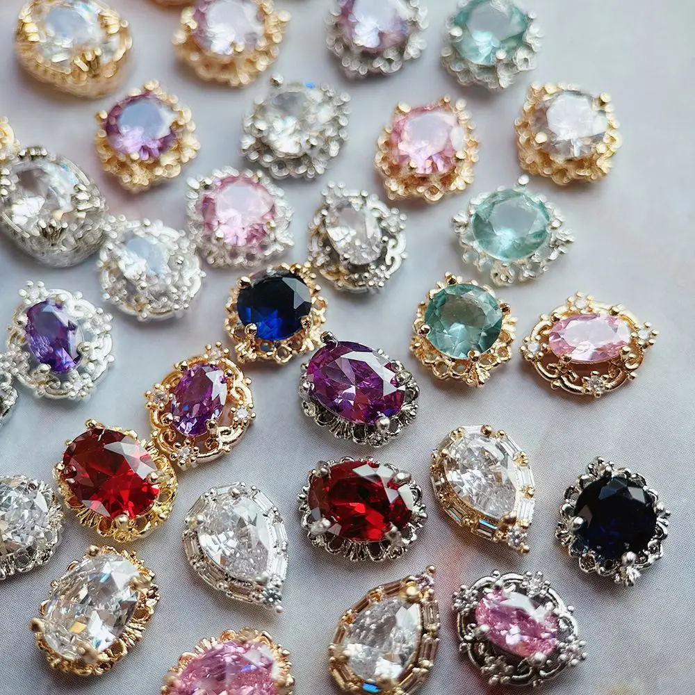 10 Uds. De gota ovalada rosa, negra y azul, circonita redonda, plata brillante, decoraciones de joyería para uñas, accesorios para decoración de uñas, suministros de piezas de dijes