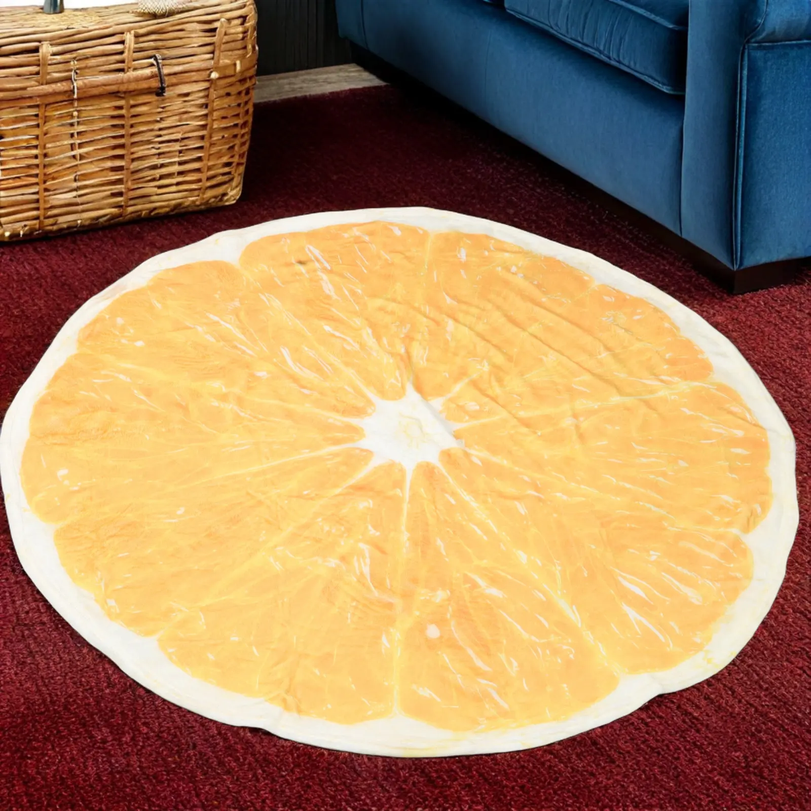 Orange Print Round Throw Blanket Soft Coral Fleece 120cm Warm Lightweight Sofa Bed Couch Picnic Rug