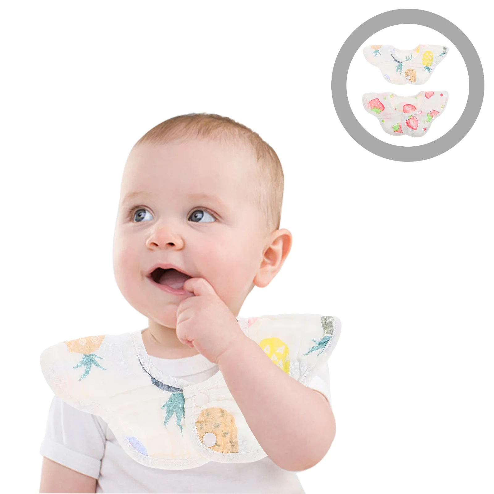 

2Pcs Cotton Baby Muslin Bibs Petal Shape Double Layer Absorbent Infant Drooling Feeding Teething Bibs Adjustable Buttons Fruit
