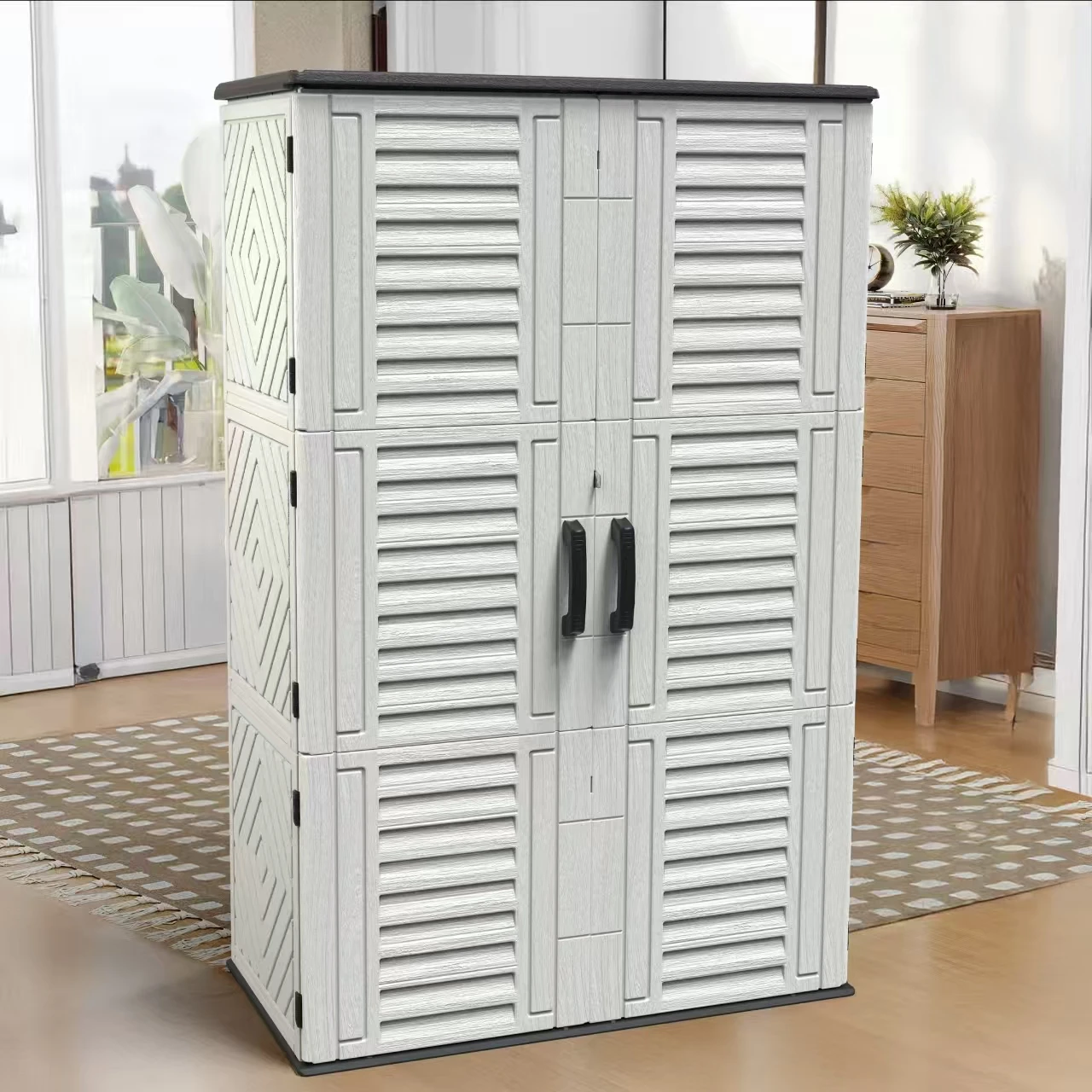 for-HDPE Multi-functional Lockable Door Garden Storage Plastic Cabinet with One Shelf Board and Four Hooks.@