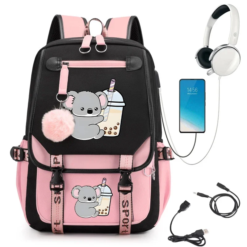 

Primary Schoolbag for Girls Teenager Backpack Cartoon Koala Boba Tea Kawaii Waterproof School Bag Backpacks Anime Usb Bookbag