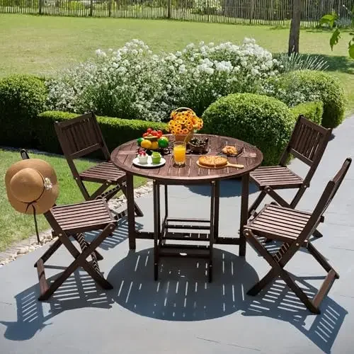 5 PCS Patio Furniture, Patio Dining Set Acacia Wood Outdoor Table and Chairs, with 4 Folding Chairs and 37