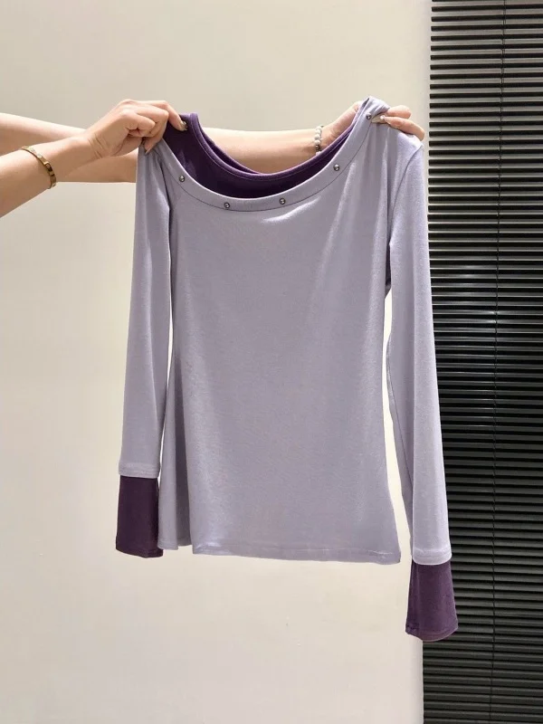 

Женская зимняя модная футболка с длинным рукавом для похудения, высококачественная базовая кофта с открытыми плечами, цветными блоками и диагональным воротником, облегающий топ