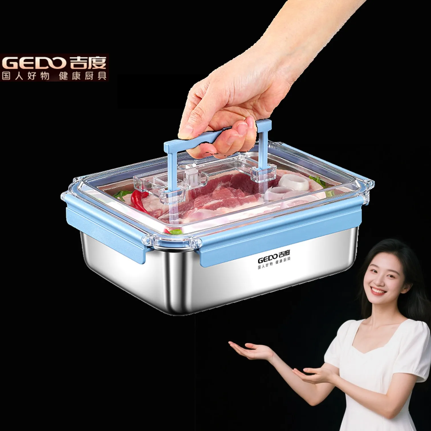 

GEDO Handled Kitchen Crisper 99.9% Anti-bacterial LFGB Certification 316L Stainless Steel Food Preservation Box Fridge Container