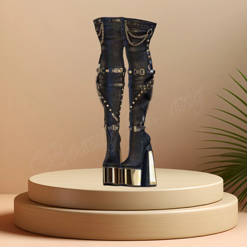 

Black Gold Rivet Decor Boots Platform Chunky High Heel Thigh High Shoes Thick High Heel Shoes for Women 2024 Zapatillas Mujer