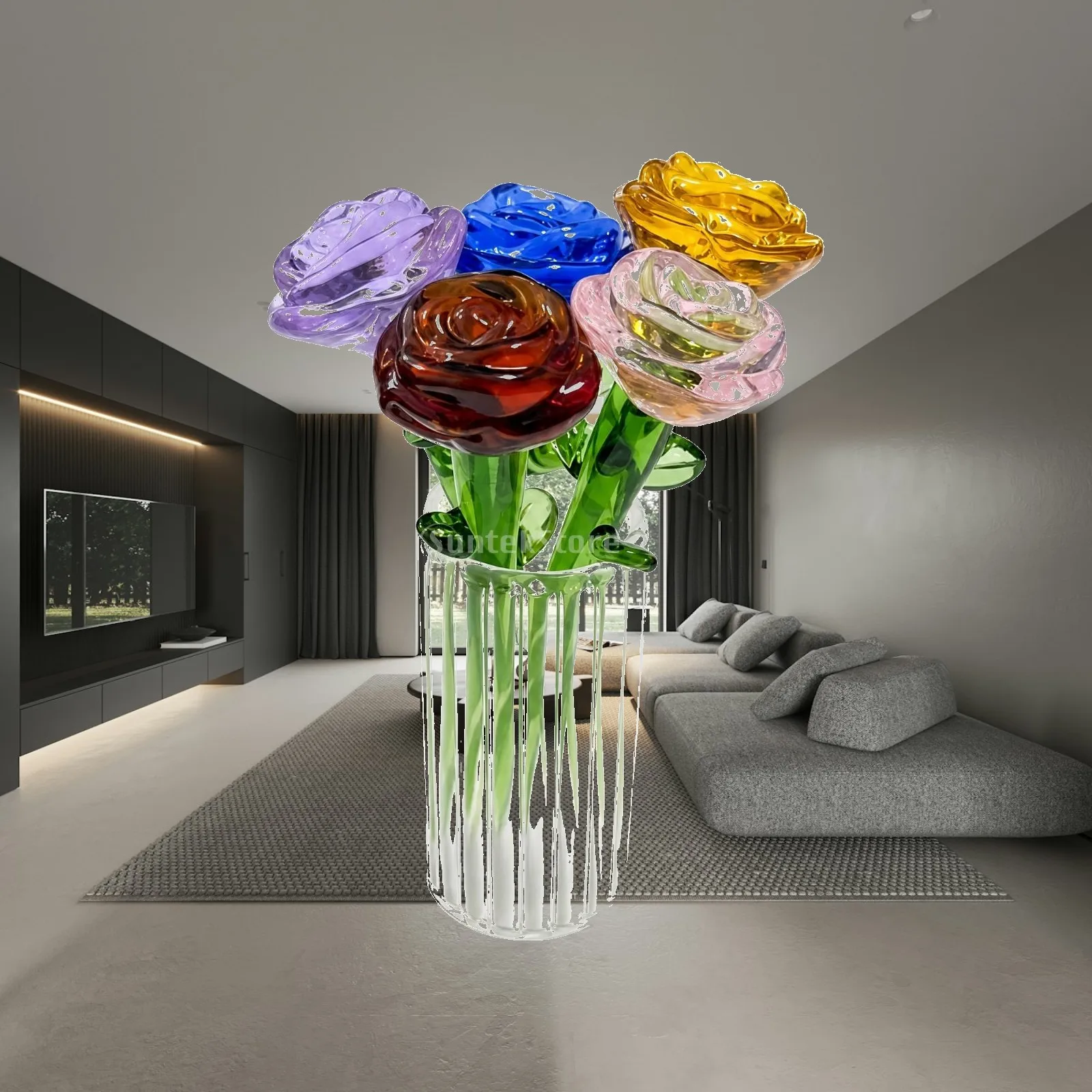 Liuli Glass Rose Arrangement Exquisite Glass Rose Ornament with Ribbed Vase Table Centerpiece Compact Low-Slung for Home Décor