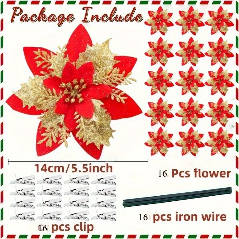 16 قطعة زهور البونسيتة الاصطناعية مع البلاستيك المتلألئ عيد الميلاد الشكر السنة الجديدة شجرة القبعات العالية أكاليل باقة الزهور #4