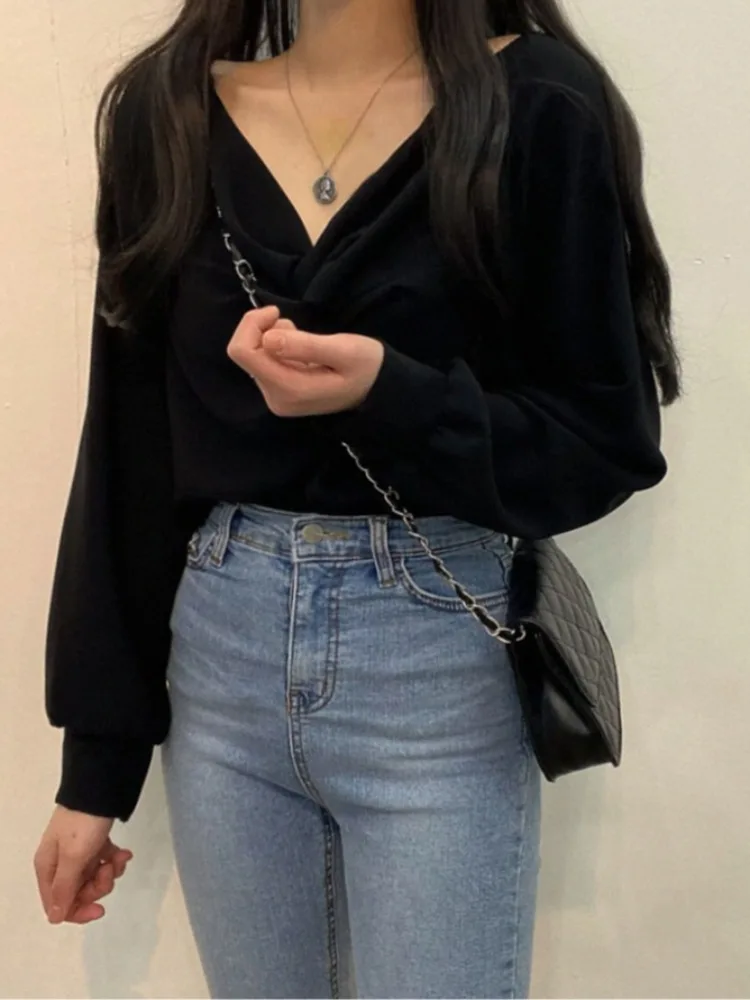 Chic Blue V-ne Bubble Sve irt Women's Loose Fit Knot Design Versatile Casual Top Spring Autumn Winter Faion