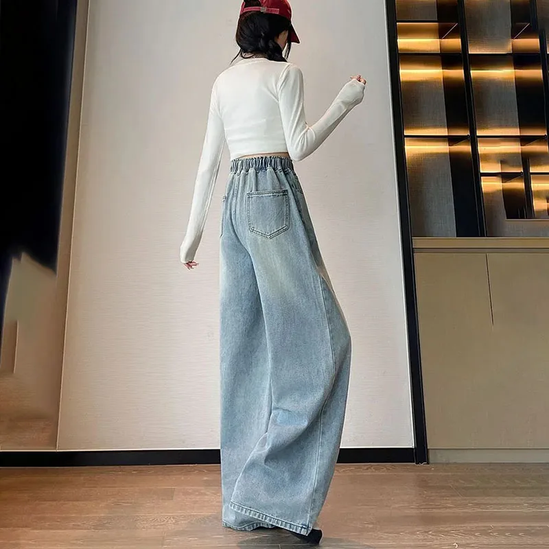 Plus size cintura alta reta perna larga jeans cintura elástica outono inverno calças jeans para mulher m/6xl até 100kg