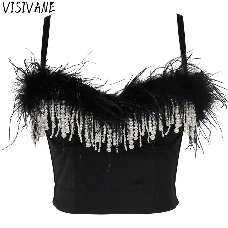 Visivane Fashion Tassel Feather Tanks Tops Streetwear Woman Shirt Casual Bra Women Clothes Blusa Camis Crop Top Ladies Corset