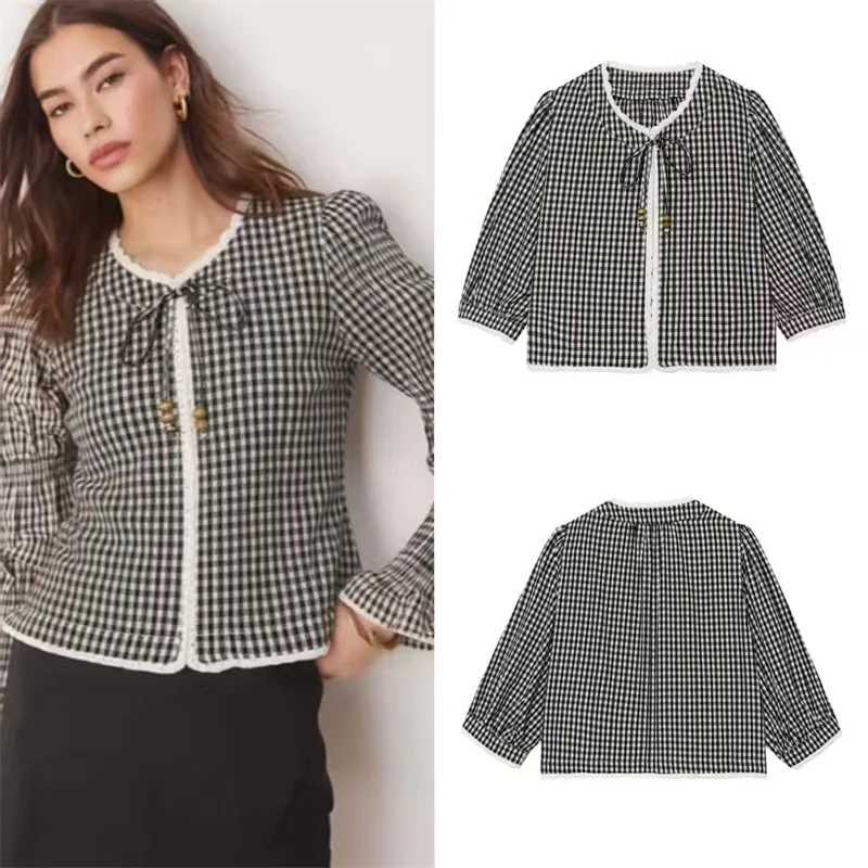 

Women's Jacket 2026 Fashion Trend New Hot Item V-Neck Spring and Autumn Crochet Patchwork Small Checkered Jacket