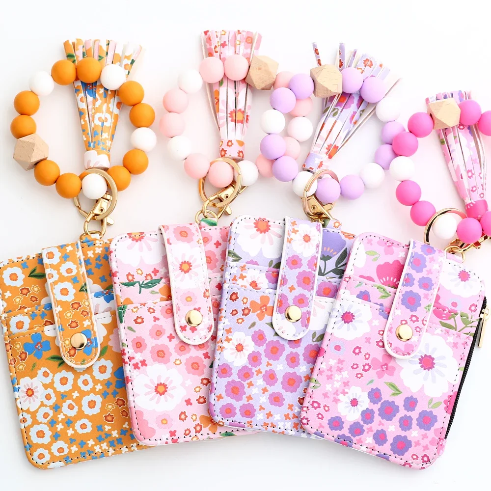 

Silicone Bead Bracelet Leather Card Bag Wristlet Keychain Wallet Bangle Floret Printed Ladies Fragmented ID Bag Accessories