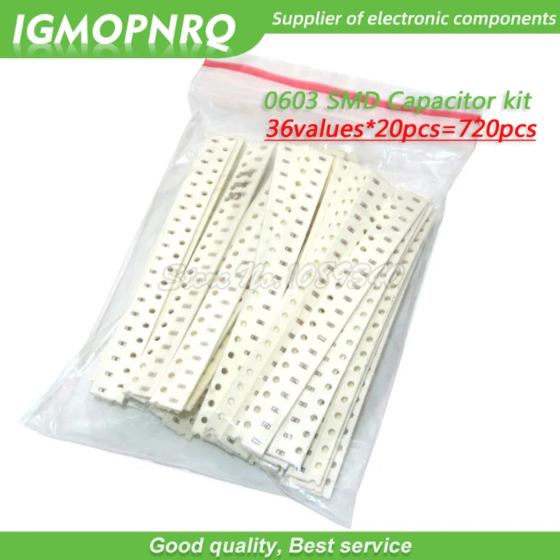 36values*20pcs=720pcs 0603 SMD Capacitor assorted kit 1pF-10uF component diy samples kit 1PF 4.7PF 8PF 680PF 1NF 10UF