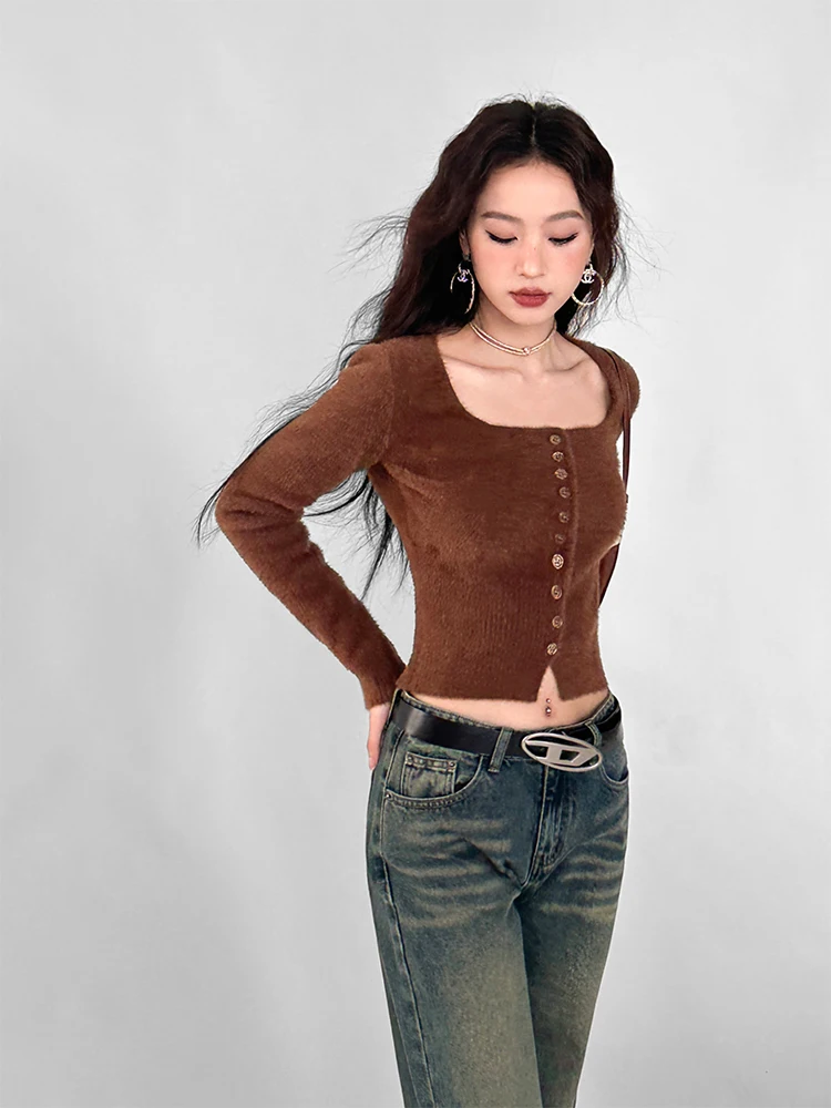 

Autumn/winter Long Sleeved Knitted Sweater Women Small Stature Slim Cardigan Spicy Girl Square Neck Solid Short Top C943