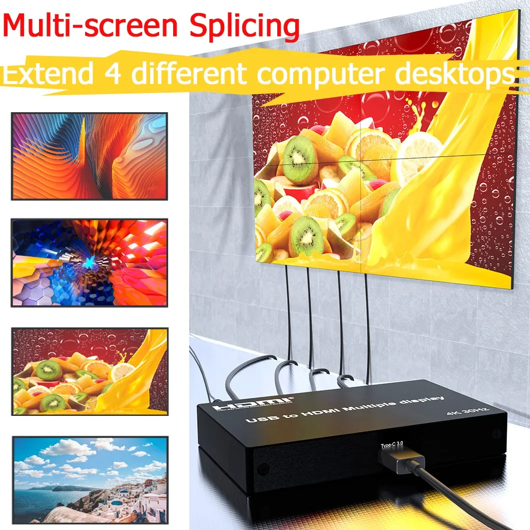 4K USB 3.0 To HDMI Multiple Display TV Splicer 1X3 1X4 2X2 3X1 4X1 Multi Screen Video Splicer; Extended To 4 Different Desktops