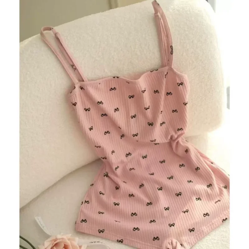 

Sweet and spicy girl backless lace up bow print pink suspender jumpsuit Japanese cute style women's slim fit home shorts