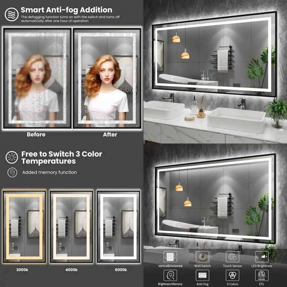 

55 x 30 LED Vanity Mirror with Anti-Fog, Shatter-Proof, 3 Color Lighting, and Dimmable Backlit