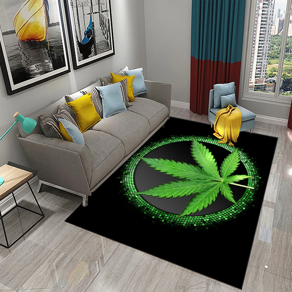 3D Green Cannabis Leaf Carpet Green Plant Mats for Living Room Bedroom Decor Floor Rug Bathroom Kitchen Entrance Non-slip Rugs