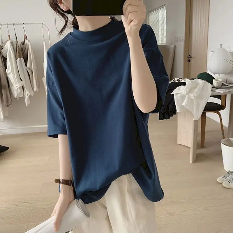 Semi-high Collar T-shirt Women Casual Simple Short Sleeve Top Spring Summer Trend Loose Thin T Shirt Korean Style Vintage Tshirt