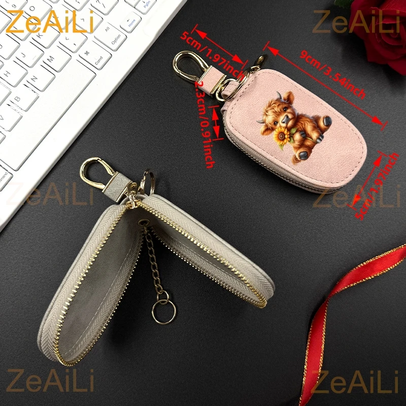 Highland Cow Sunflower Cow PU Key Case Unisex Key Bag Universal Portable Large Capacity Multifunctional Car Key Chain