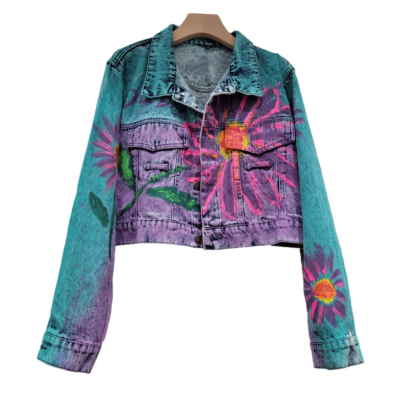 Chaqueta vaquera con estampado de grafiti para mujer, abrigo vaquero corto de cintura alta, holgado, con bolsillo grande, informal, a la moda