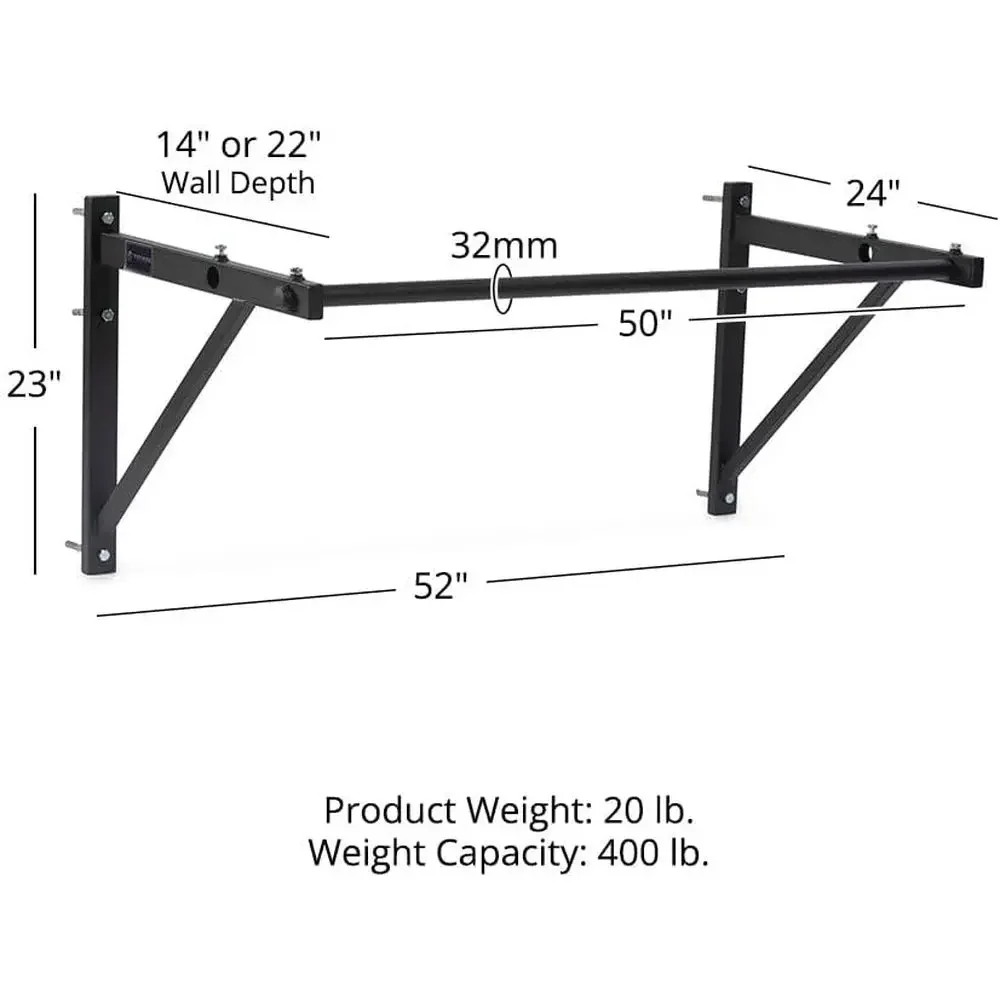 52-Inch Adjustable Depth Wall-Mounted Pull-Up Bar, 14-22 Inches from Wall, 400 LB Capacity, Home/Garage Gym Workout Station