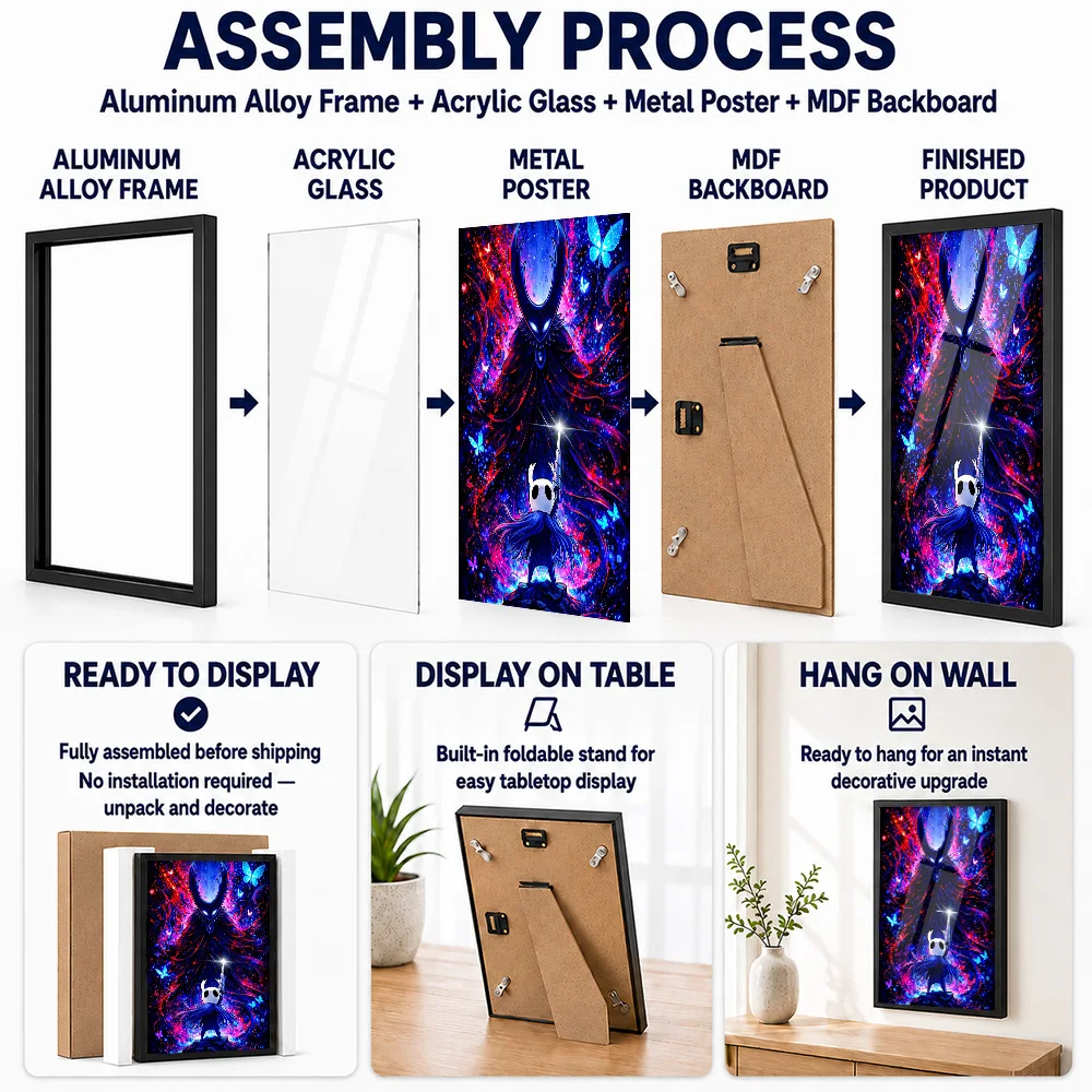 Hollow Knight Characters In Cosmic Background Framed Metal Print Personalized Orbital Theme Wall Art Enhances Study For Dreamers