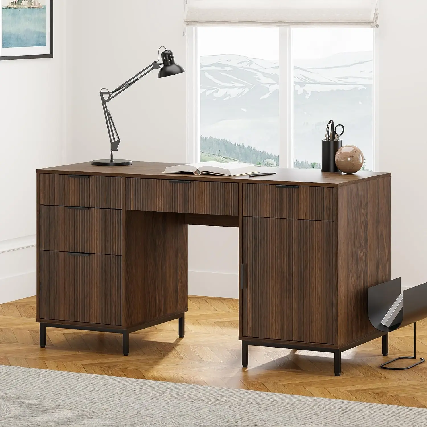 

55-дюймовый рифленый стол для руководителя, современный стол для домашнего офиса с зарядной станцией, подставкой для клавиатуры, ящиком для документов, шкафом для хранения, деревянным компьютером