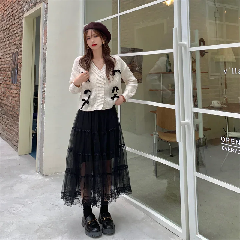 KOSAHIKI Sweet Mesh Skirts Womens Korean Chic Lace Long Ruffle Skirt 2024 New Ins Fashion Y2k Jupe Femme Japan Saia Mujer